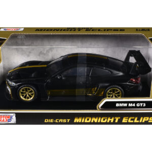 BMW M4 GT3 Matt Black with Gold Stripes "Midnight Eclipse" Series 1/24 Diecast Model Car by Motormax from the Automotive store collection.