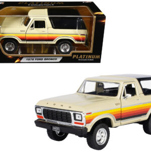 1978 Ford Bronco Custom Cream with Stripes and Black Top "Platinum Collection" Series 1/24 Diecast Model Car by Motormax from the Ford store collection.