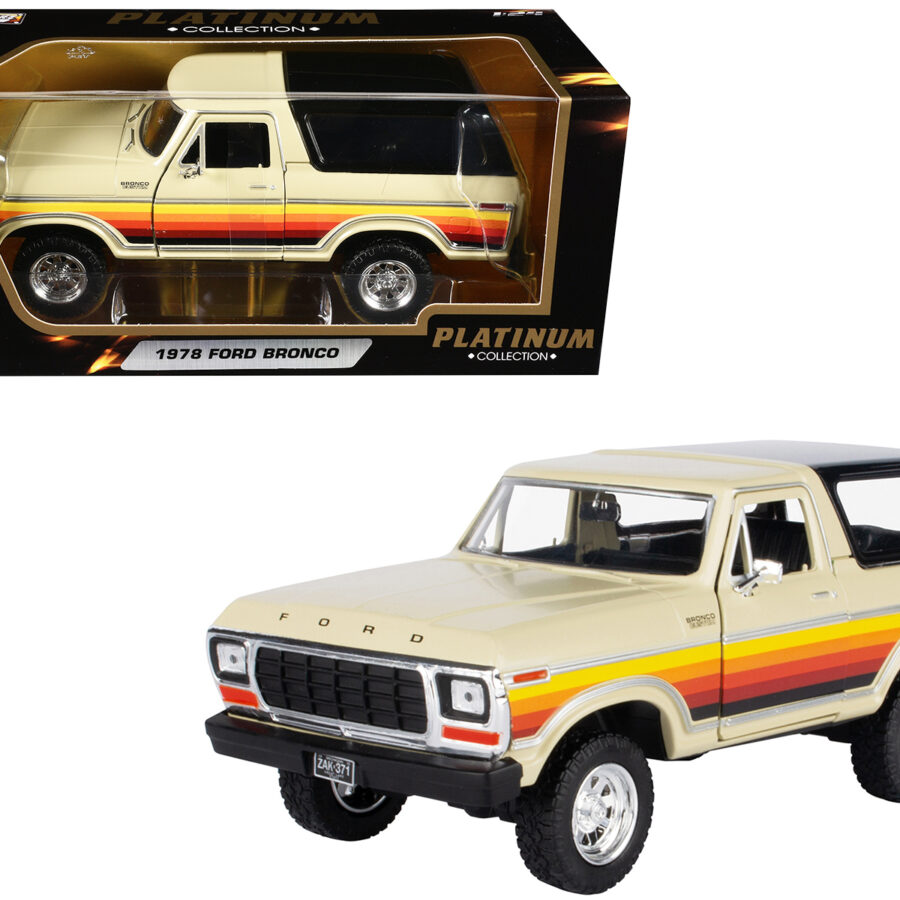 1978 Ford Bronco Custom Cream with Stripes and Black Top "Platinum Collection" Series 1/24 Diecast Model Car by Motormax from the Automotive store collection.